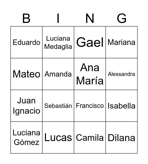 Bingo de los nombres Bingo Card