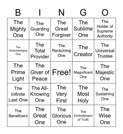 99 Names of Allah Bingo Card