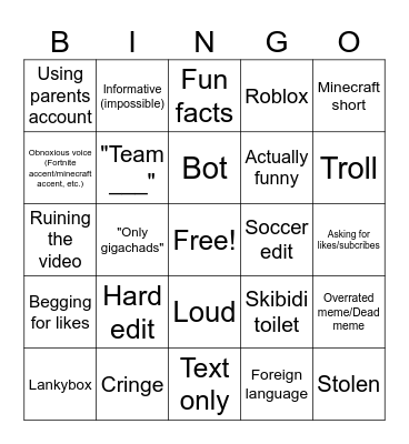 Youtube Shorts Bingo Card