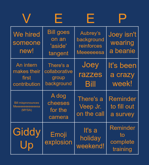 VP Friday Recap Meeting Bingo Card