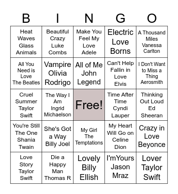Love Song Bingo Card