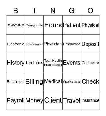TeamHealth Bingo Card