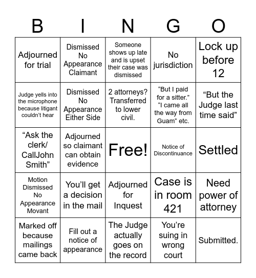 Small Claims Bingo Card