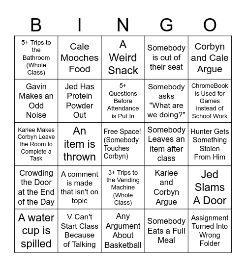 Freshman Class Bingo Card