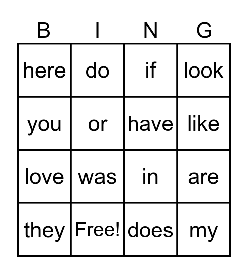 Sight Word Bingo Card