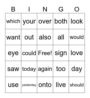 today & yesterday Bingo Card