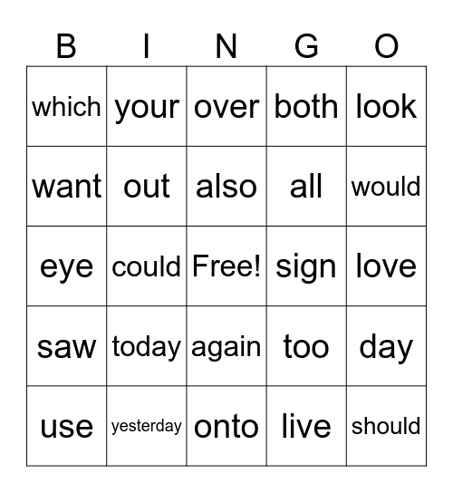 today & yesterday Bingo Card