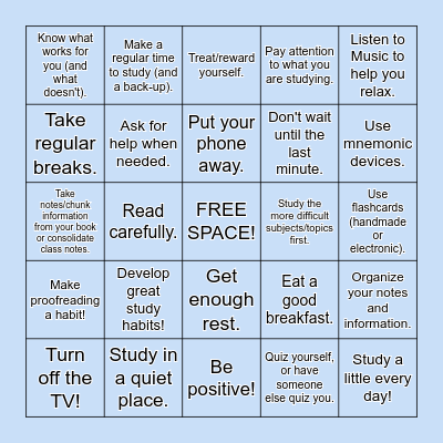 Study Skills BINGO Card