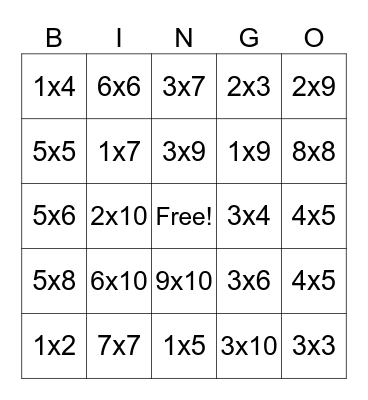 Reverse Multiplication Bingo Card