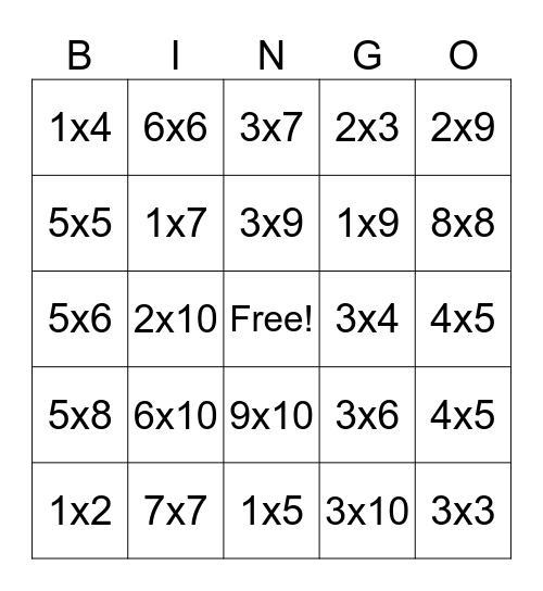 Reverse Multiplication Bingo Card