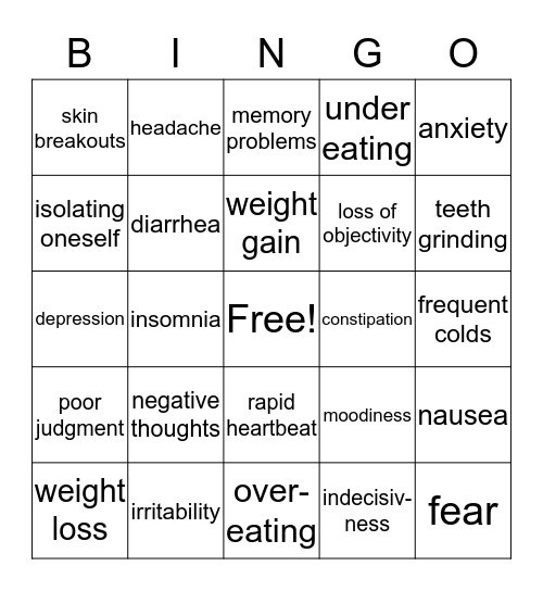 Stress Management Bingo Card