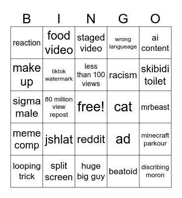 short binging Bingo Card