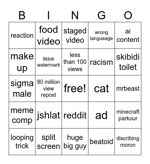 short binging Bingo Card