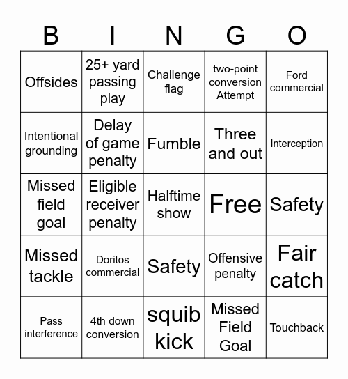 Super Bowl Bingo Card