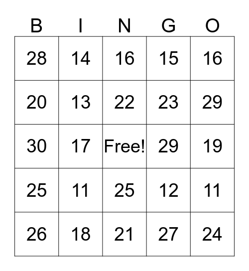 Number Identification Bingo Card