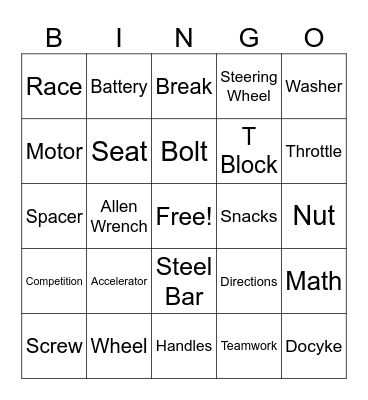 Go Kart Bingo Card