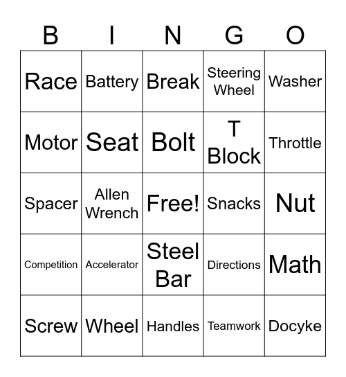 Go Kart Bingo Card