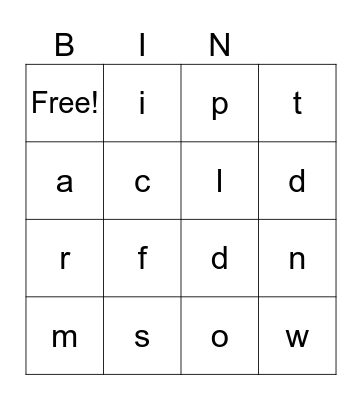 Letters Bingo Card