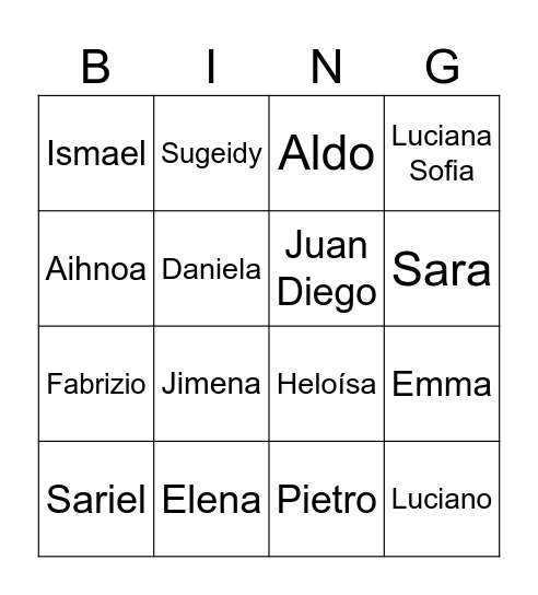 Bingo de los nombres Bingo Card