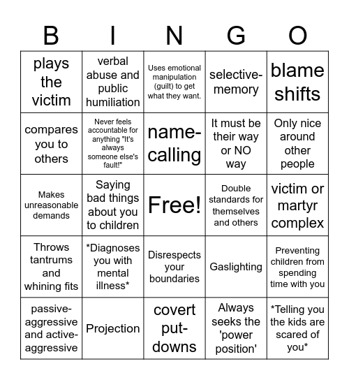 Narcissist Bingo Card