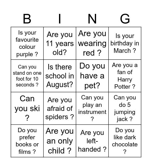 Asking and Answering Questions Bingo Card