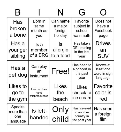 DEI Bingo Card