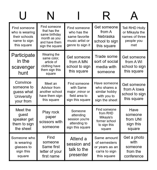 UNI RA Conference Bingo Card