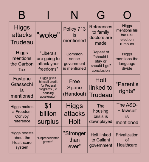 State of the Province 2024 Bingo Card