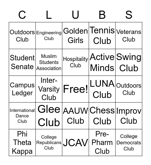 Clubs and Orgs Bingo Card