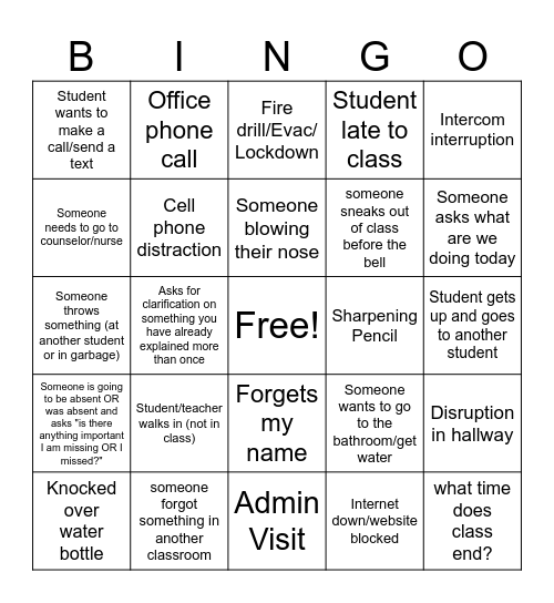 Teacher Bingo Card