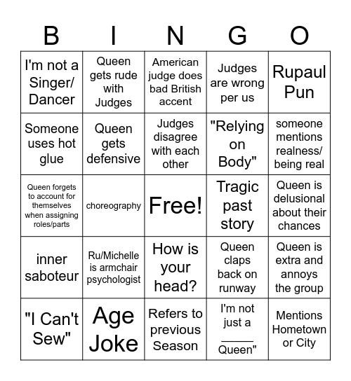 Drag Race Bingo Card