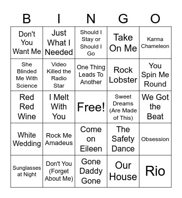 New Wave Hits Bingo Card