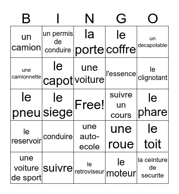 La voiture!!! Bingo Card