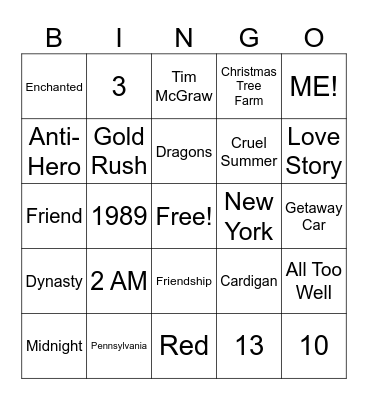 Taylor Swift Bingo Card