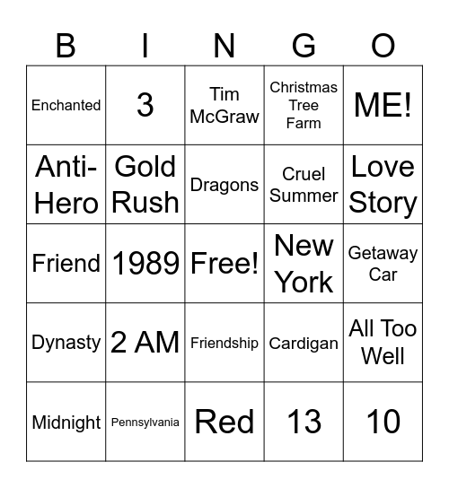 Taylor Swift Bingo Card