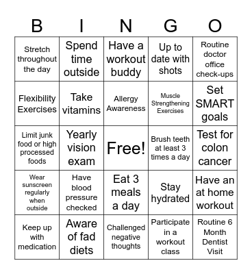 Healthy Habits Bingo Card