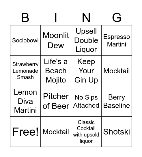 Specialty Cocktail / Upselling Bingo Card