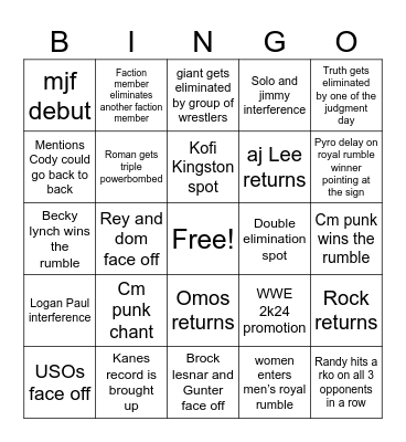 Royal Rumble 2024 Bingo Card