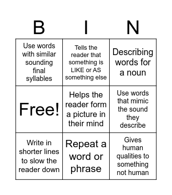 Poetry Definitions Bingo Card