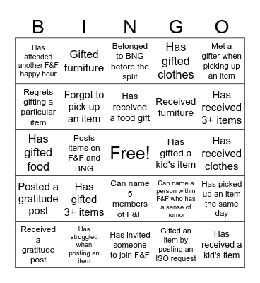 Friends & Freebies (F&F) Bingo Card