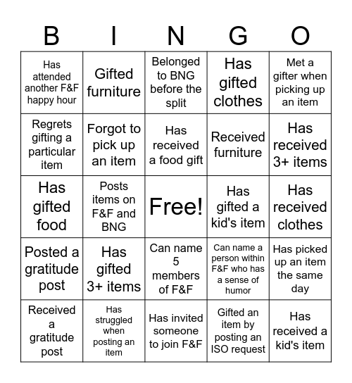 Friends & Freebies (F&F) Bingo Card