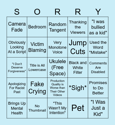 Apology Video Bingo Board Bingo Card