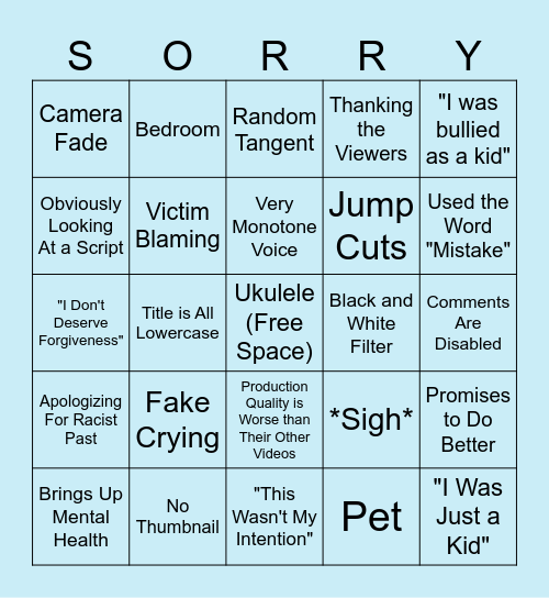 Apology Video Bingo Board Bingo Card