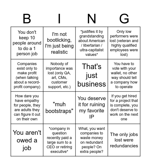 Bootlicker Bingo Card