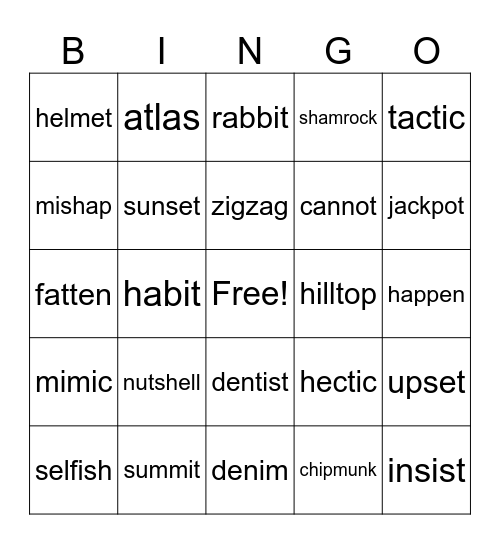 Multisyllabic Words Bingo Card