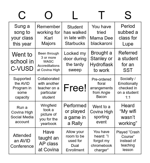 Covina Bingo Card