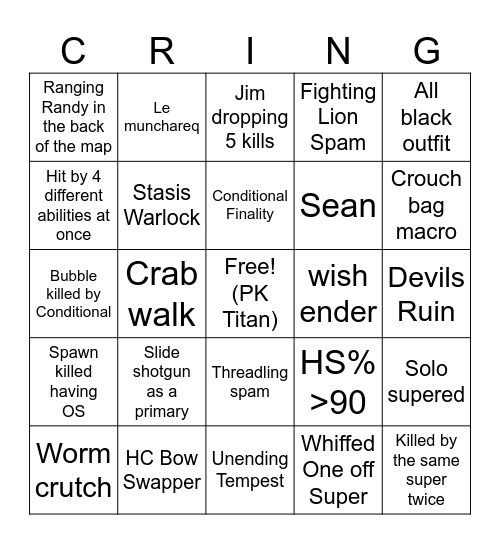Crucible Bingo 1/25/2024 Bingo Card