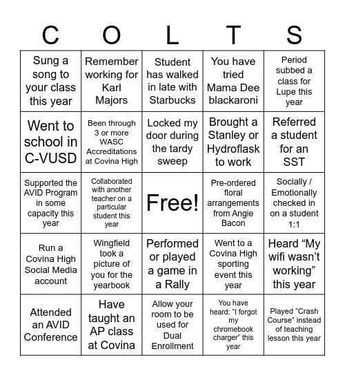 Covina Bingo Card