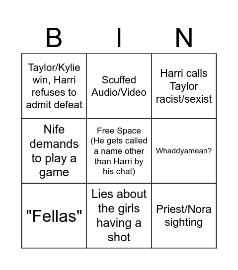Harri's Thirsty Bingo Card Bingo Card