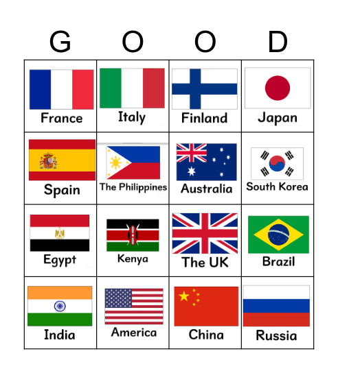 Countries Bingo Card